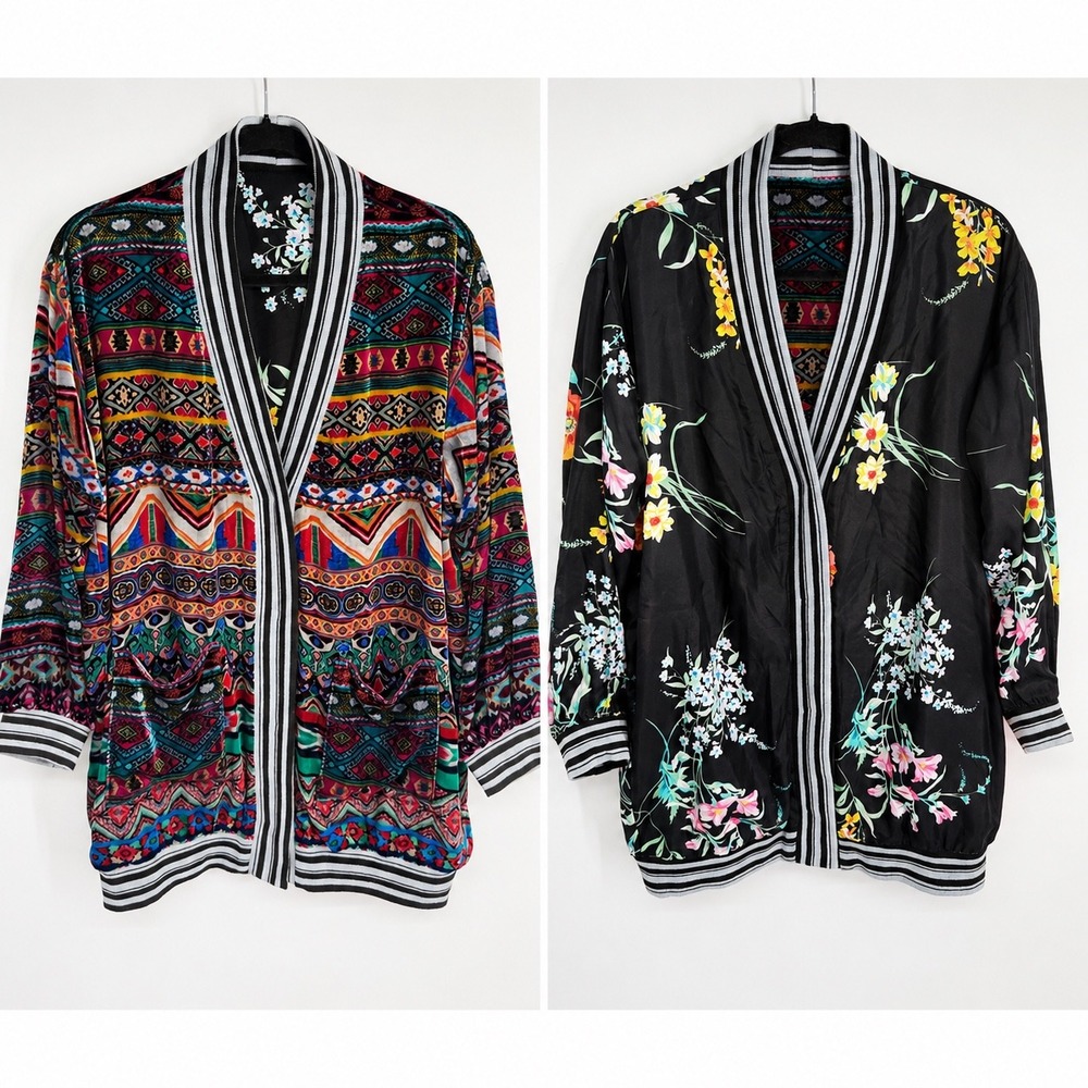 Johnny Was Elva Reversible Silk Velvet Kimono Jacket Sz S Geometric Statement